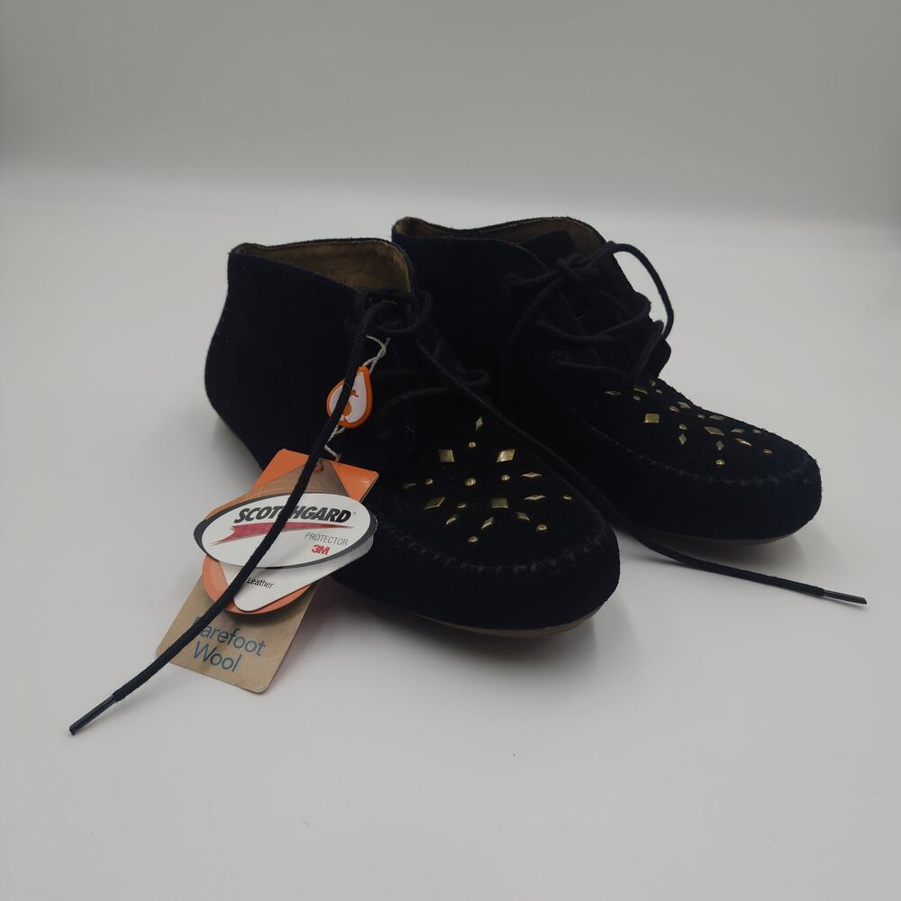 Sporto Moccasin Low Ankle Boot Barefoot Wool Lace Up Black Suede Size 5.5